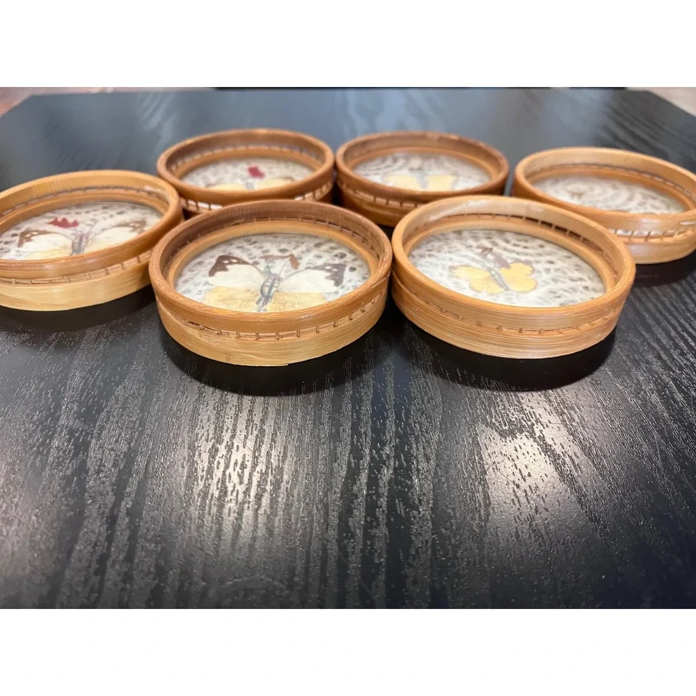 Vintage Bamboo Coasters Set of 6 Real Preserved Butterfly Glass Boho Decor